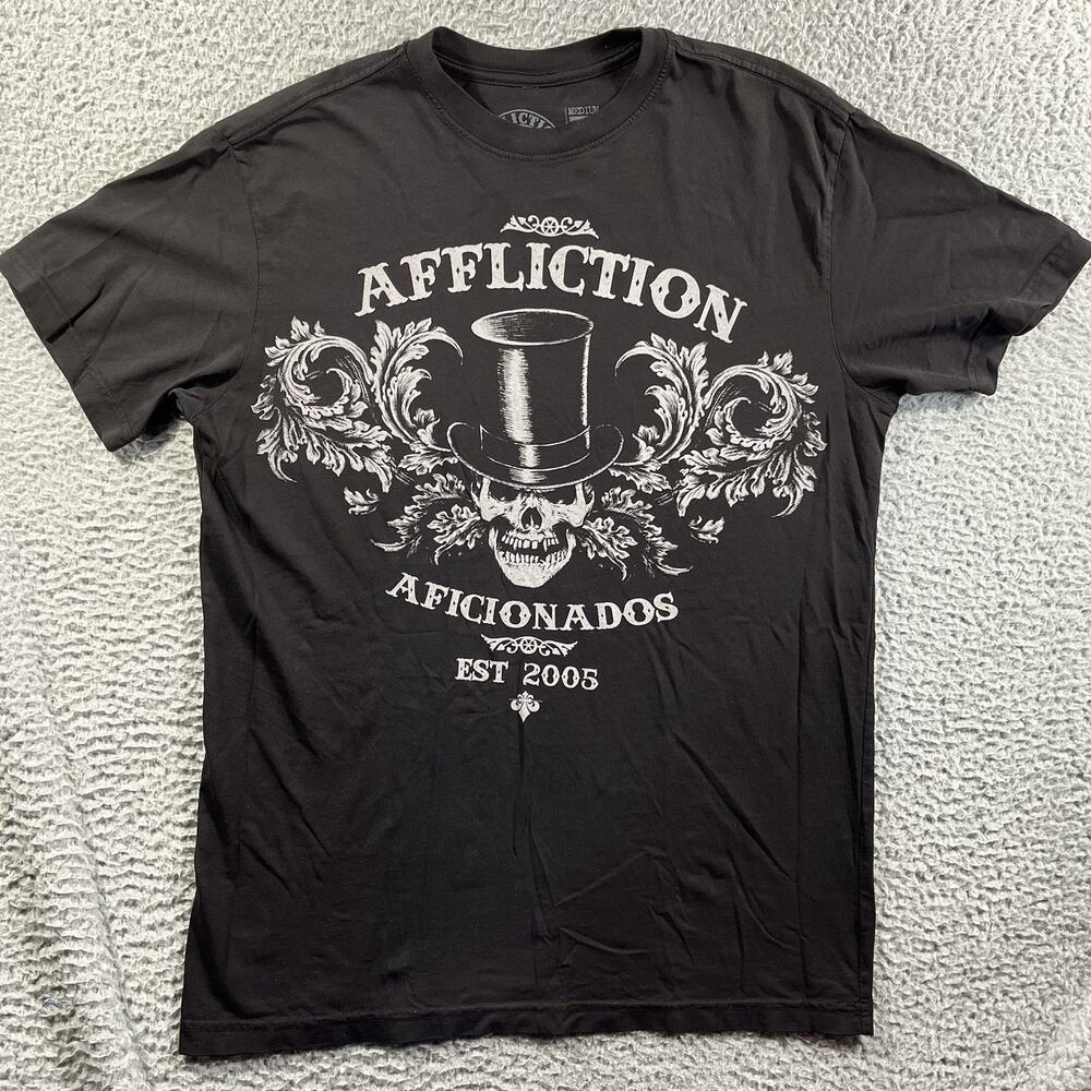 Affliction Aficionados Shirt Mens Medium Black Skull Top Hat Tour Back Y2K Goth